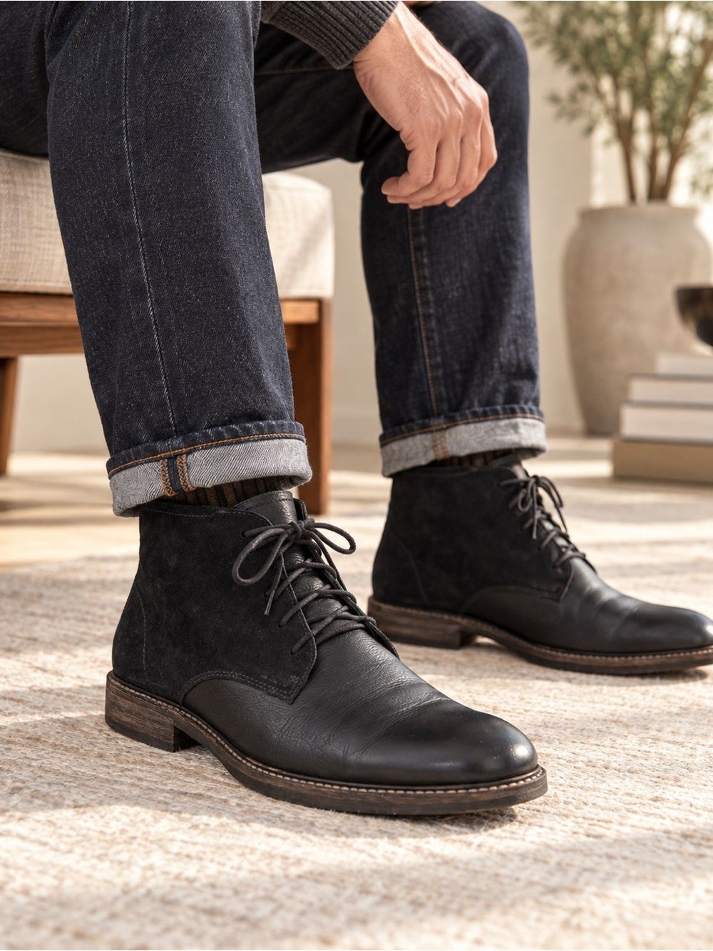 ECCO Men’s Black Leather & Suede Chukka Ankle Boots Size 43